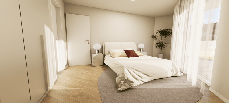 Bedroom: circular rug, bed with pillows, nightstands with lamps, indoor plant, sliding glass door, window with curtains