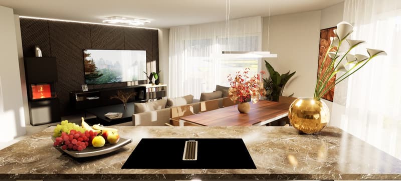 Modern kitchen and living room with fireplace