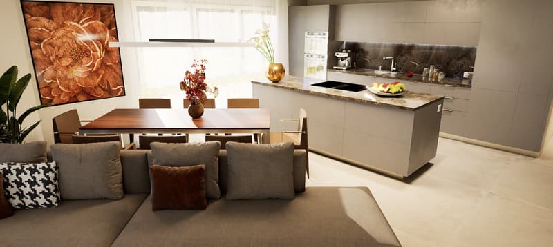 Open-plan living and dining area with a modern kitchen, large windows, and a marble kitchen island.