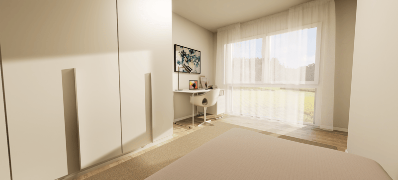 A room with a desk, bed, and large window.