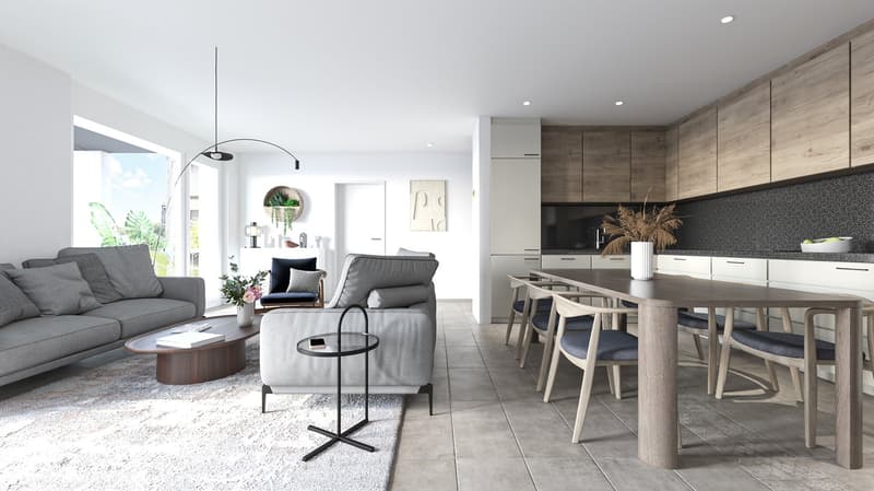 modern interior with sofa, chairs, round table, floor lamp, kitchen