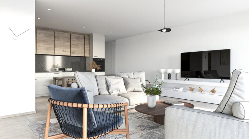 living room, sofa, wooden table, flat screen TV, wall decor, kitchen in background