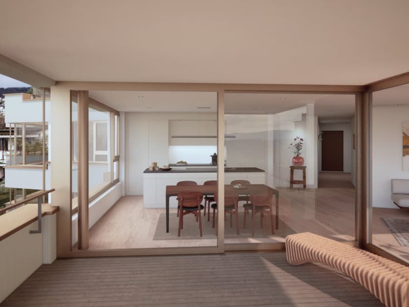 Open-concept living space with kitchen, dining area, and living room. Large windows and sliding glass doors leading to a balcony or terrace. Hardwood floors throughout. Minimalist and modern decor with neutral colors.