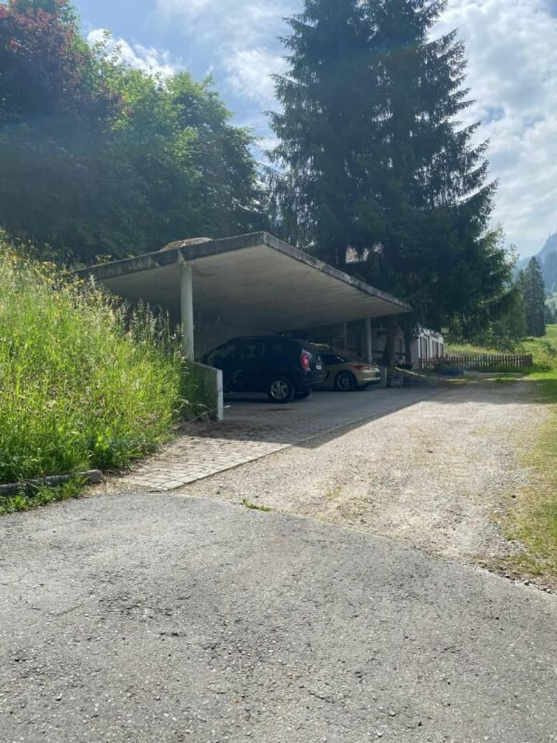 Unterstand neben Chalet mit einem Parkplatz