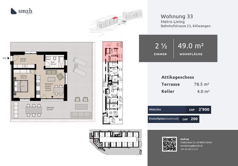 2.5-Zi.-Attika mit 78.5 m² Terrasse - urban wohnen, Killwangen (2)