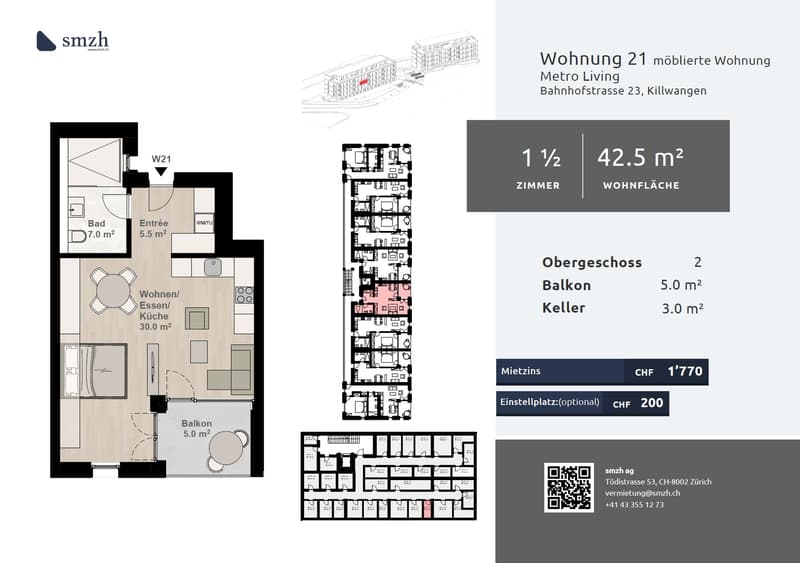1.5-Zimmer, möbliert, Balkon - direkt am Bahnhof Killwangen (2)