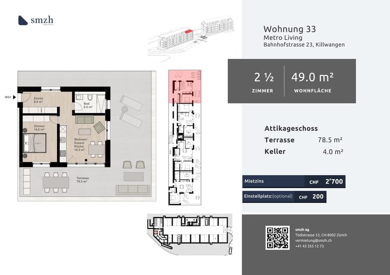 2.5-Zi.-Attika mit 78.5 m² Terrasse - urban wohnen, Killwangen (2)