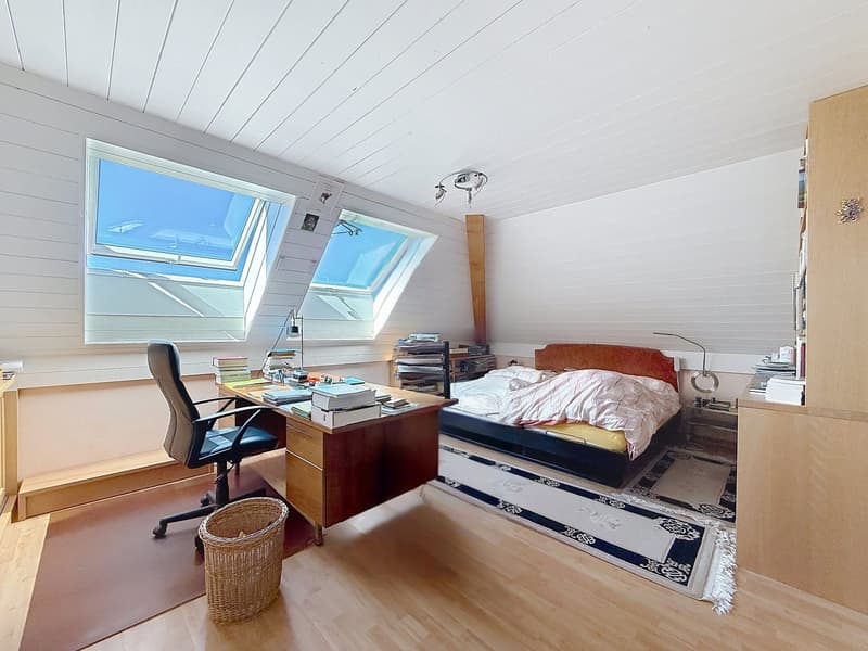 bedroom with desk, bed, and two skylights