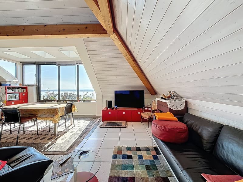 A living room with a couch, a table, a television, a rug, and a view of the ocean.
