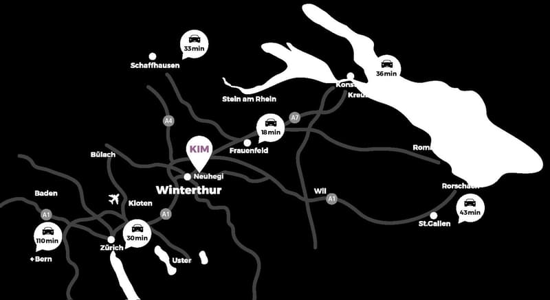 This is a map showing the travel times between various locations in Switzerland, including Schaffhausen, Stein am Rhein, Konstanz, Kreuz, Frauenfeld, Neuhegi, Winterthur, Wil, Rorschach, Zurich, Uster, Baden, and St. Gallen. The map also shows the travel