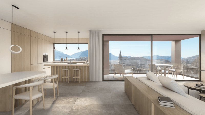 Modern open kitchen, dining area, living area with sliding glass door leading to balcony with stunning view