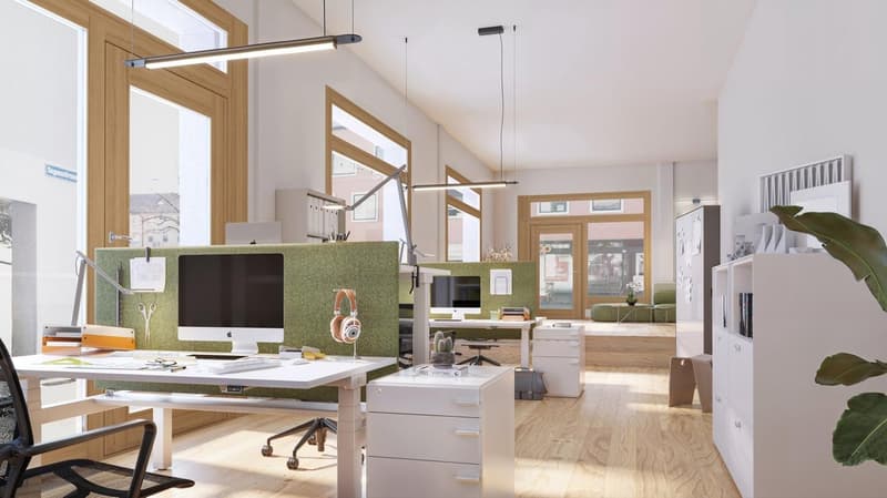 office room with desks, office chairs, monitors, cabinets, storage boxes, lamps, plants