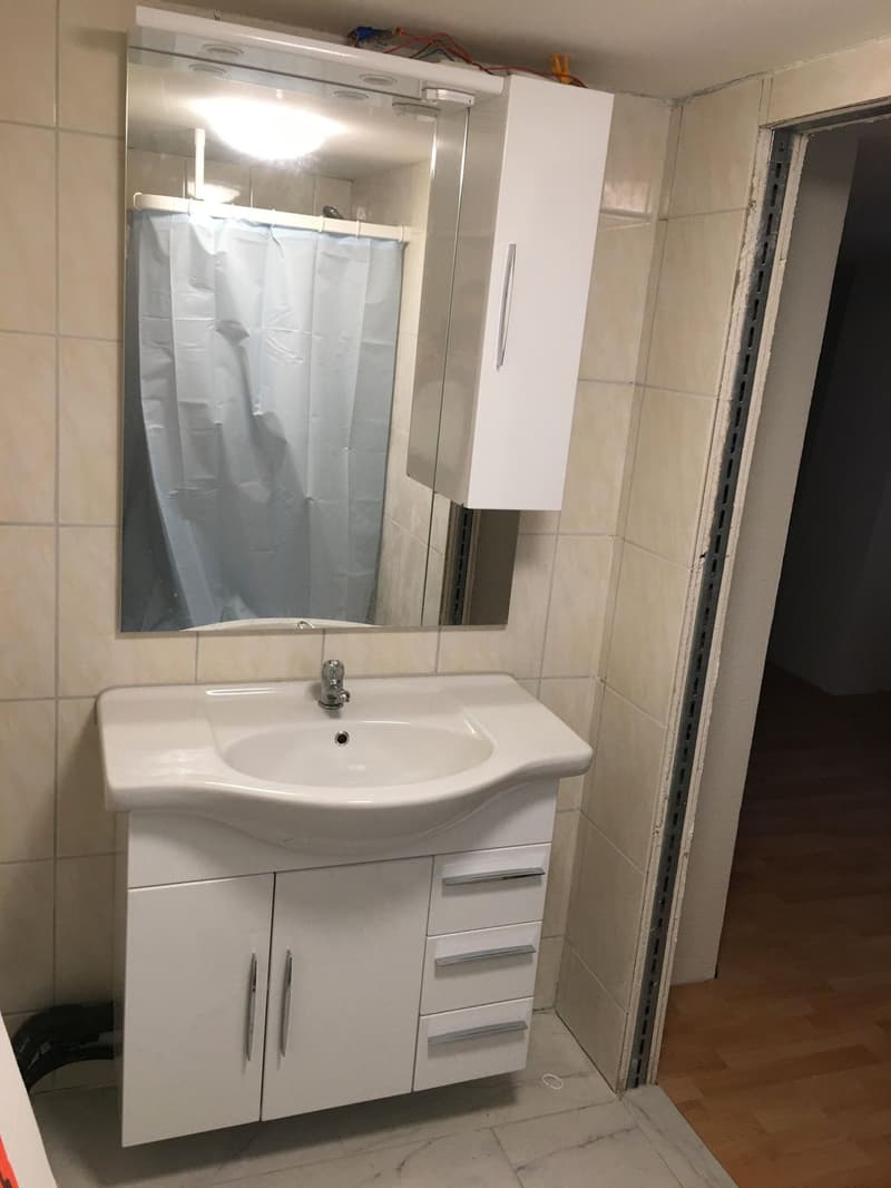 Bathroom with white vanity cabinet, sink, mirror, and shower curtain