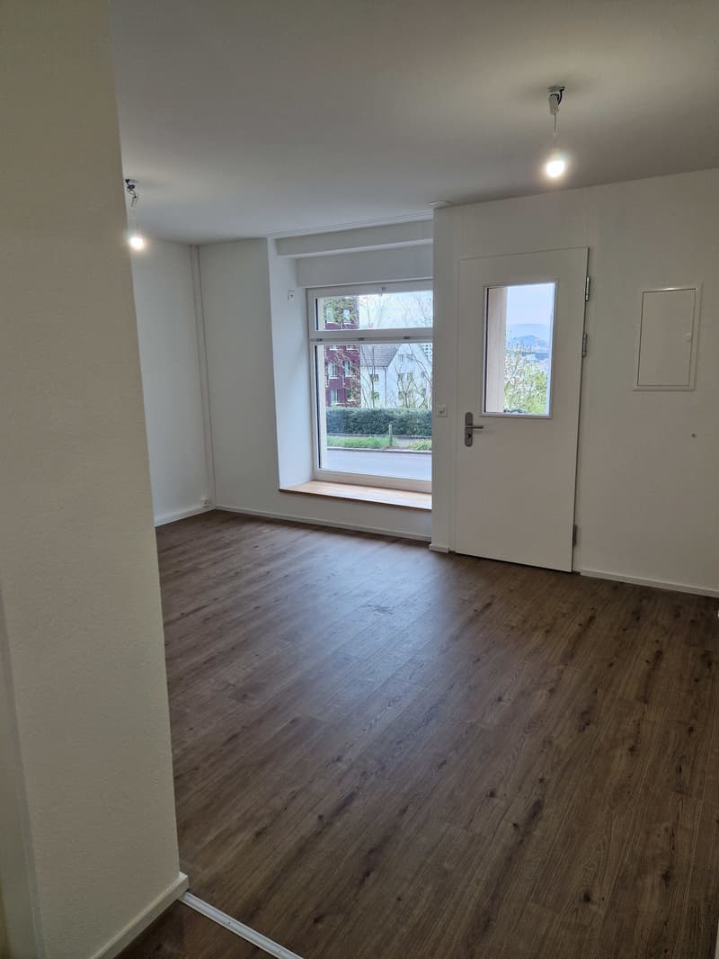 empty room, wooden floor, white walls, large window, white door