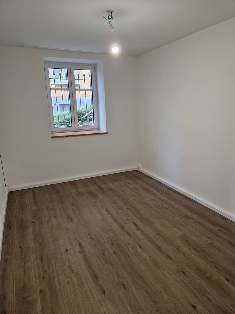 empty room, wooden floor, white walls, window with metal grills, ceiling light