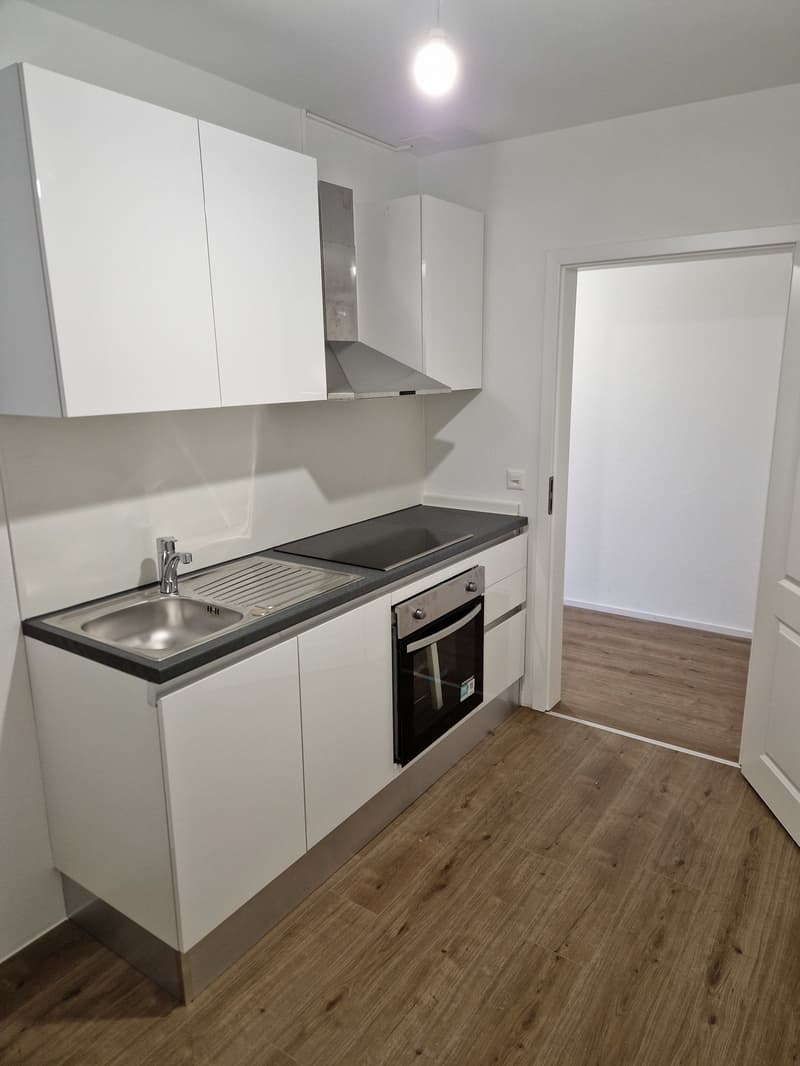modern kitchen with white cabinets, wooden floor, stainless steel sink, induction hob, oven, extractor hood, dishwasher, washing machine