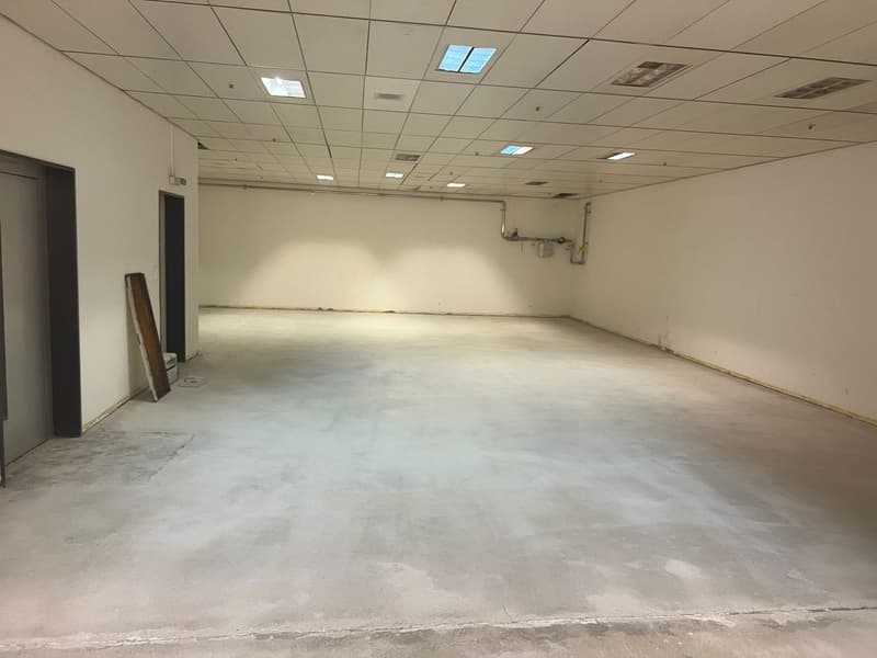 An empty room with white walls and ceiling, concrete floor, and multiple doors.
