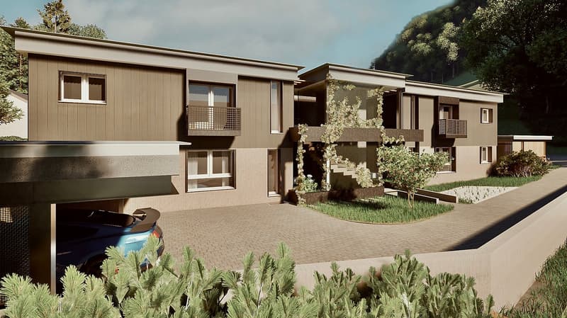 2-story modern residential building with a mix of wood and concrete exterior, large windows, balconies, and a paved driveway with a parked car