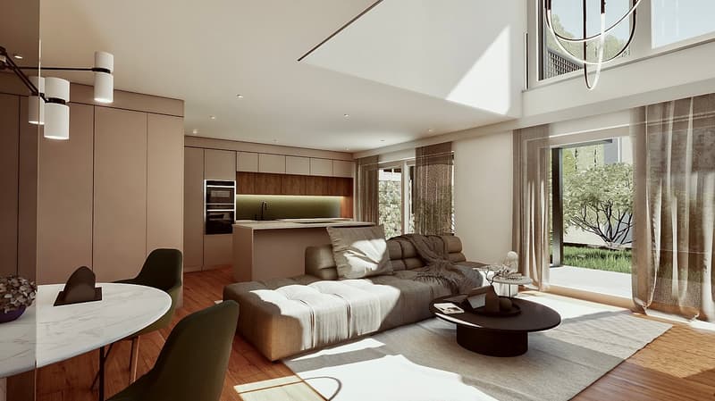 Open-concept living room with kitchen, large windows, hardwood floors, modern furniture including a sectional sofa, coffee table, and dining table with chairs