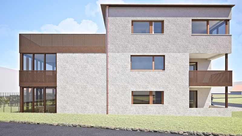 3-story apartment building with a modern, minimalist design. The exterior features a mix of textured concrete and wood accents. The building has several balconies and a parking area in the front.