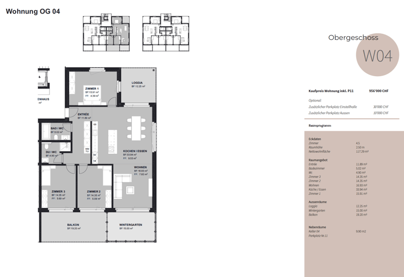 The floor plan shows a 3-bedroom apartment with a living room, kitchen/dining area, 2 bathrooms, a balcony, and a winter garden. The apartment has a total area of 117.29 square meters.