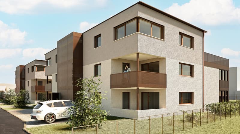 Multi-story apartment building with modern, minimalist design. The building has balconies, large windows, and a parking space in front. The exterior is a combination of gray stucco and wood accents.