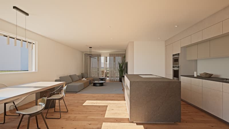 Spacious open-plan living area with a kitchen, dining, and living room. The kitchen features modern cabinets and a large island countertop. The living room has a comfortable sofa set and a coffee table. Large windows provide natural light and access to a