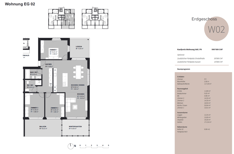 The floor plan shows a 3-bedroom apartment with an open-plan living room, kitchen, and dining area. It also includes a balcony, a winter garden, and a garage with a parking space.