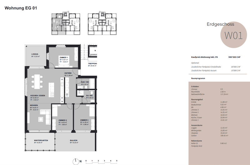 The floor plan shows a 3-bedroom apartment with a living room, kitchen, 3 bedrooms, 2 bathrooms, a balcony, and a winter garden. The apartment also has a parking space.