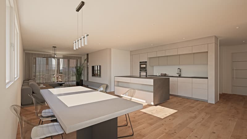The image shows an open concept living area with a kitchen, dining room, and living room. The kitchen features modern, light-colored cabinets and a large island with a stone countertop. The dining area has a large table with chairs. The living room has a
