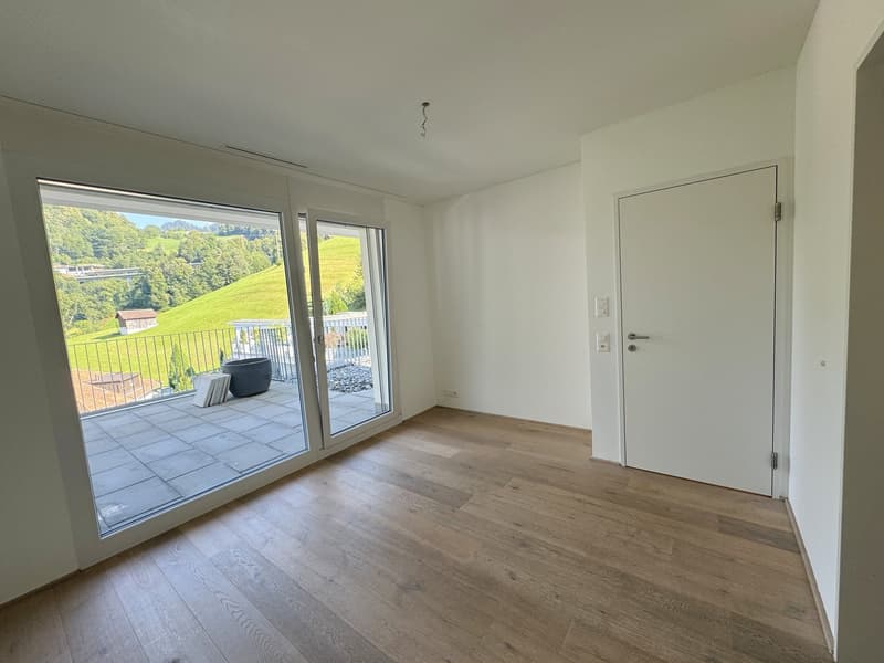 wooden floor, sliding glass doors, balcony with railing, open space, no furniture