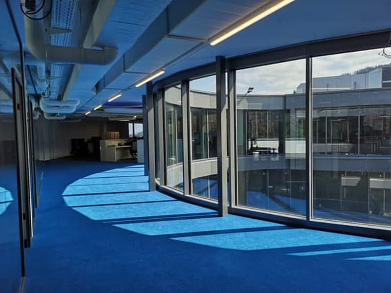 Spacious office space, blue flooring, glass walls, and overhead lights
