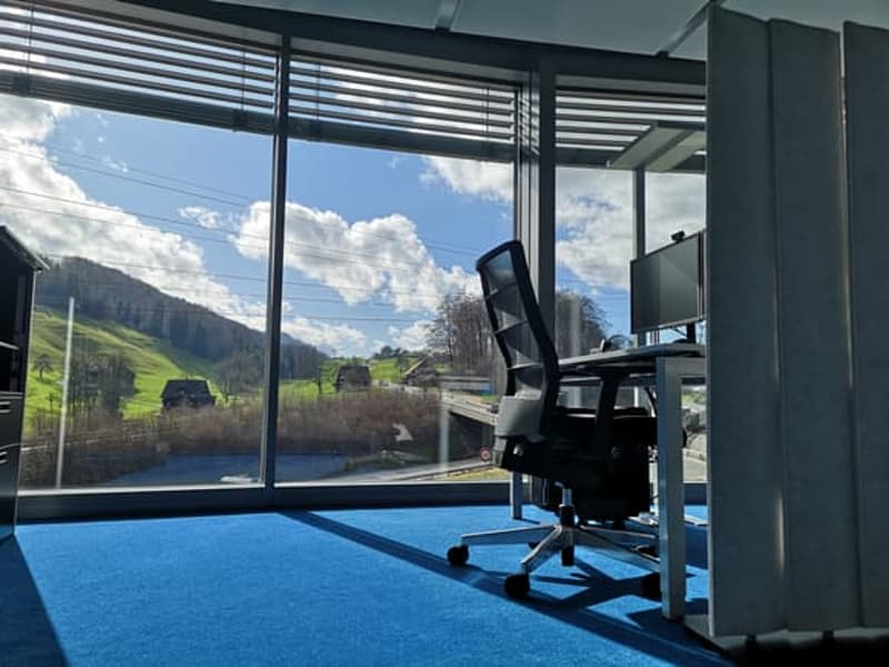 Large glass windows, modern office chair, office desk, blue carpet, panoramic view of mountains and road