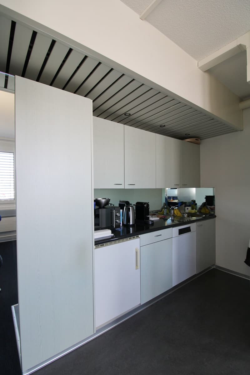 modern kitchen, white cabinets, black countertops, stainless steel appliances, dishwasher, washing machine