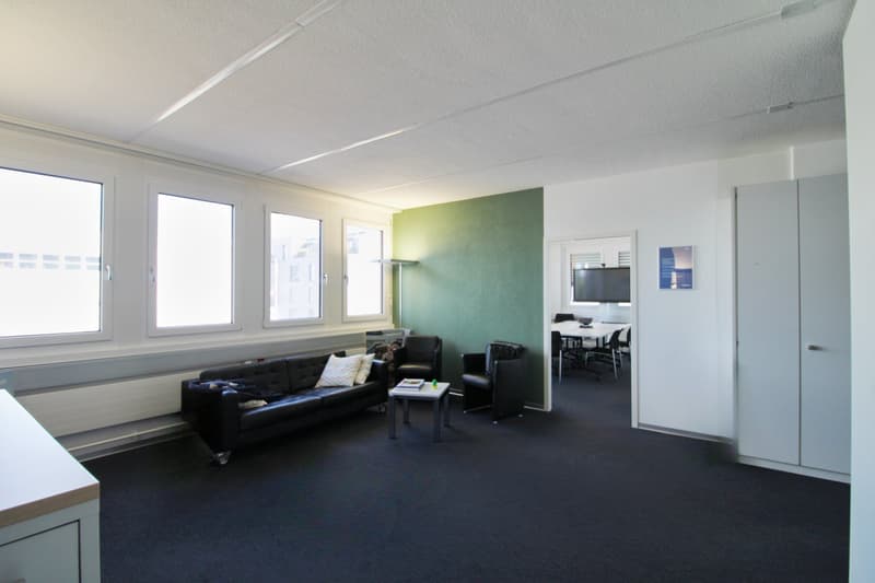 modern office room with black couch, two black chairs, table, green wall, large windows, radiator, white doors