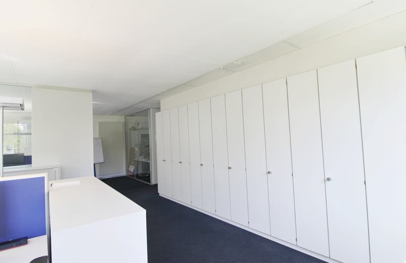 empty room, white walls, white cabinets, blue carpet, white ceiling