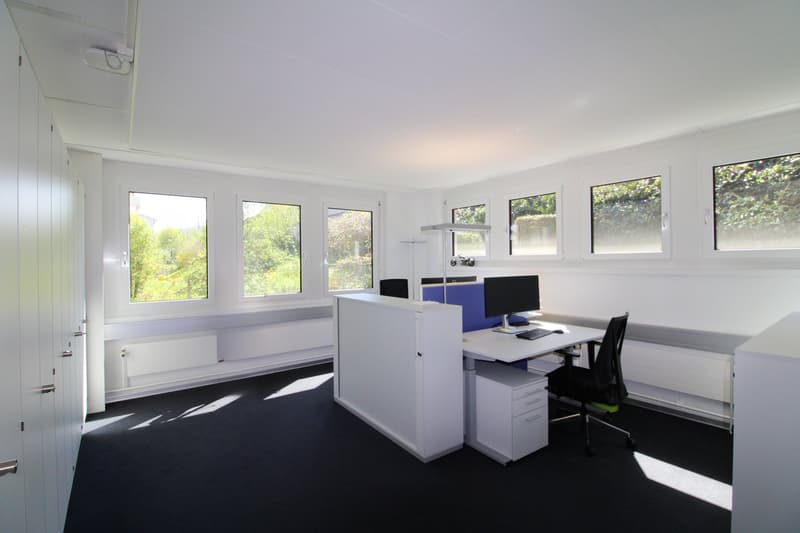 modern office room, white walls, black carpet, large windows, desk, computer, chair