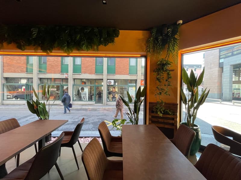 A restaurant with a view of the street, wooden tables, brown chairs, large windows, plants, and people walking outside.