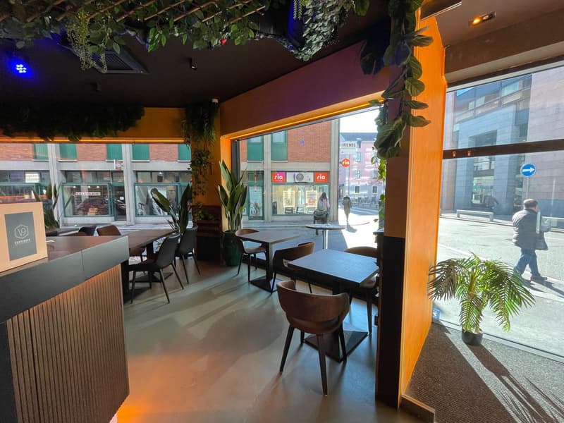 A restaurant with a modern interior design, featuring a large glass wall, wooden tables and chairs, and potted plants. The ceiling has hanging plants and a blue light. The restaurant has a view of the street outside.