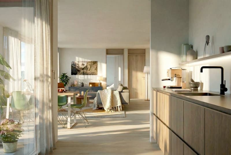 modern kitchen with wooden cabinets, sink, faucet, countertop, table with green chairs, living room with couch, blanket, coffee table, rug, plants, picture frame, lamps, floor lamp, wall-mounted rack, decorative items, glass door with curtains