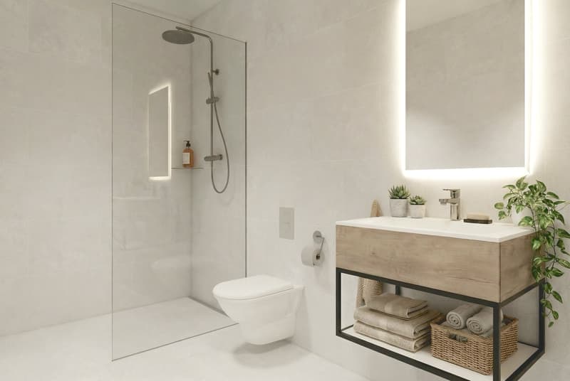 modern bathroom with toilet, shower, sink, white tiles, glass wall, faucet, mirror with LED light