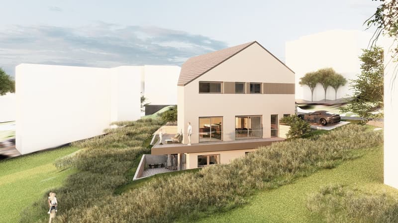 Two-story modern house with a slanted roof, large windows, and a garage. The house is situated on a grassy hill with trees and a car parked in the driveway.