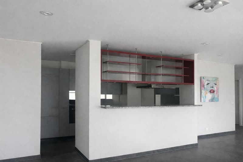 modern kitchen with white walls, red shelves, gray cabinets, granite countertop, ceiling lights, painting