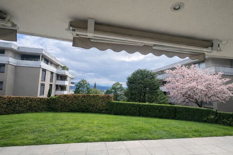 Green lawn, hedge, trees, balcony, buildings, mountains in the distance