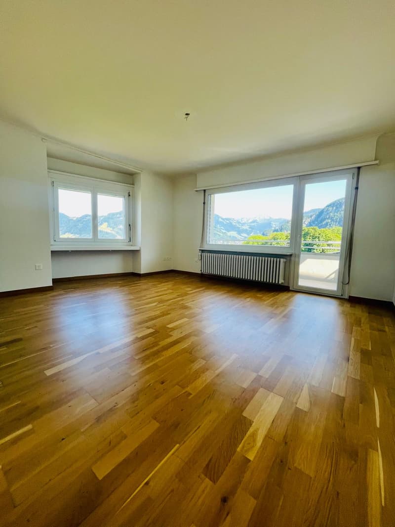 empty room, wooden floor, large windows, balcony, mountains view
