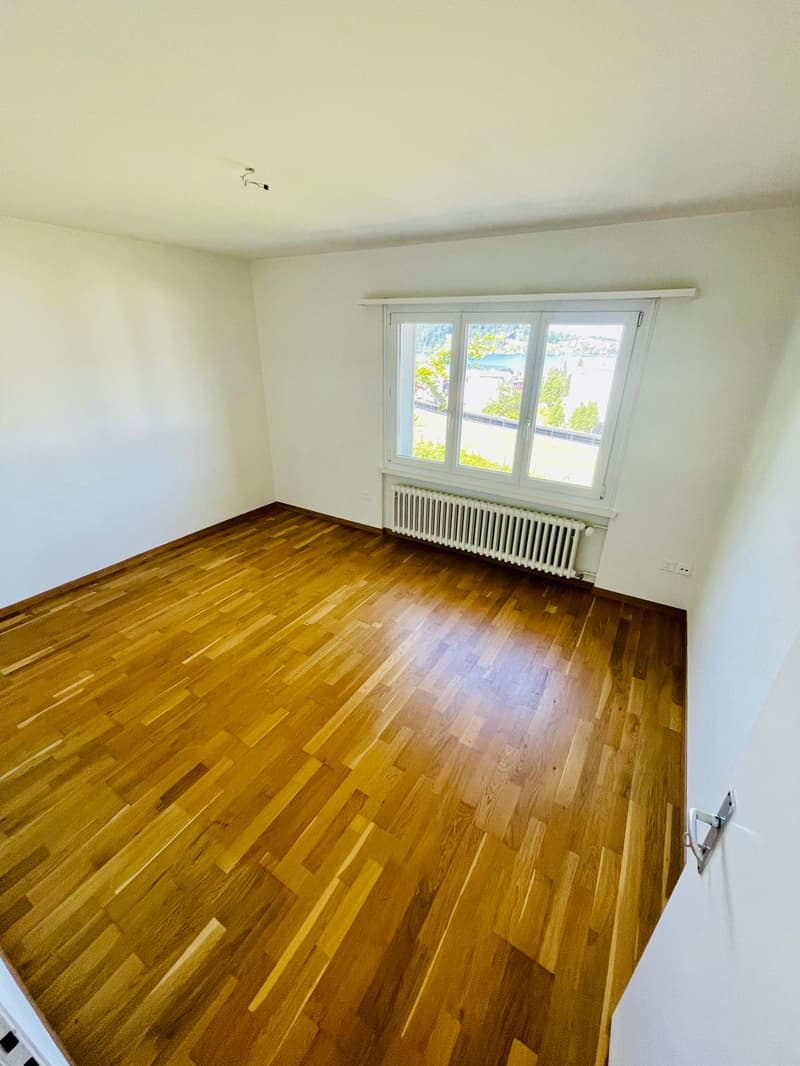 empty room, wooden floor, white walls, large window, white radiator