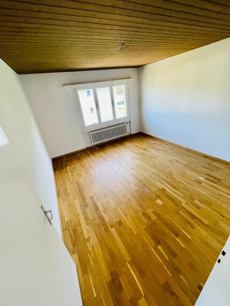 empty room, wooden floor, white walls, window with white frame, white radiator