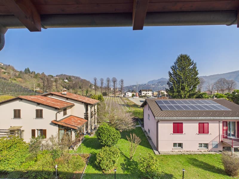 2 houses, one with a solar panel roof, mountains in the background