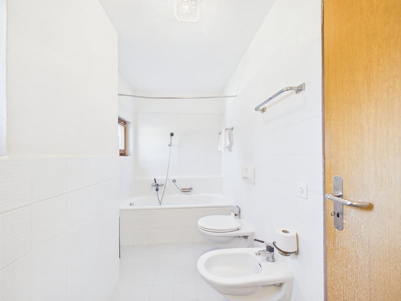 white tiles, bathtub, toilet, bidet, towel rack, light fixture