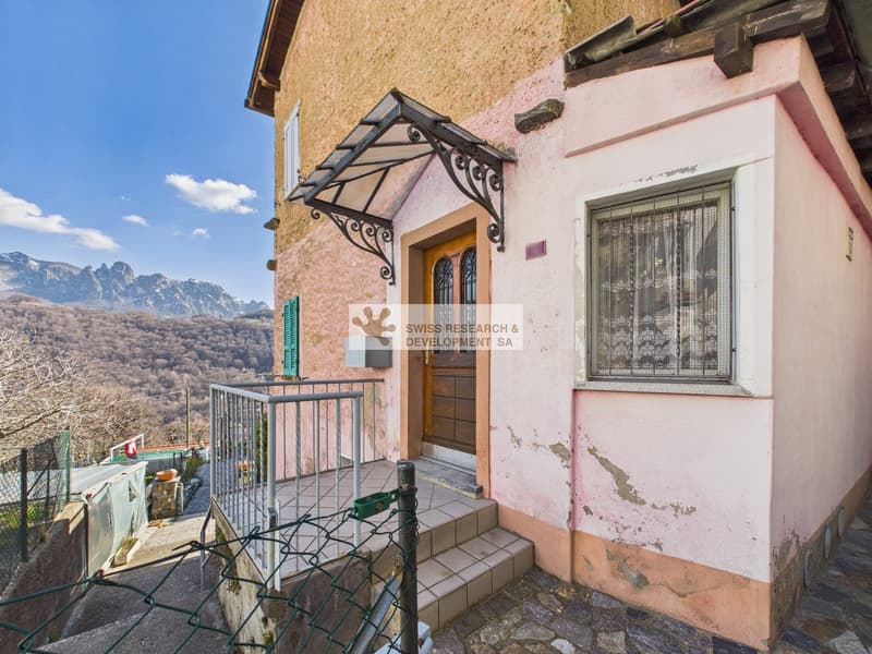 pink house, wooden door, metal railing, tiled steps, mountain view